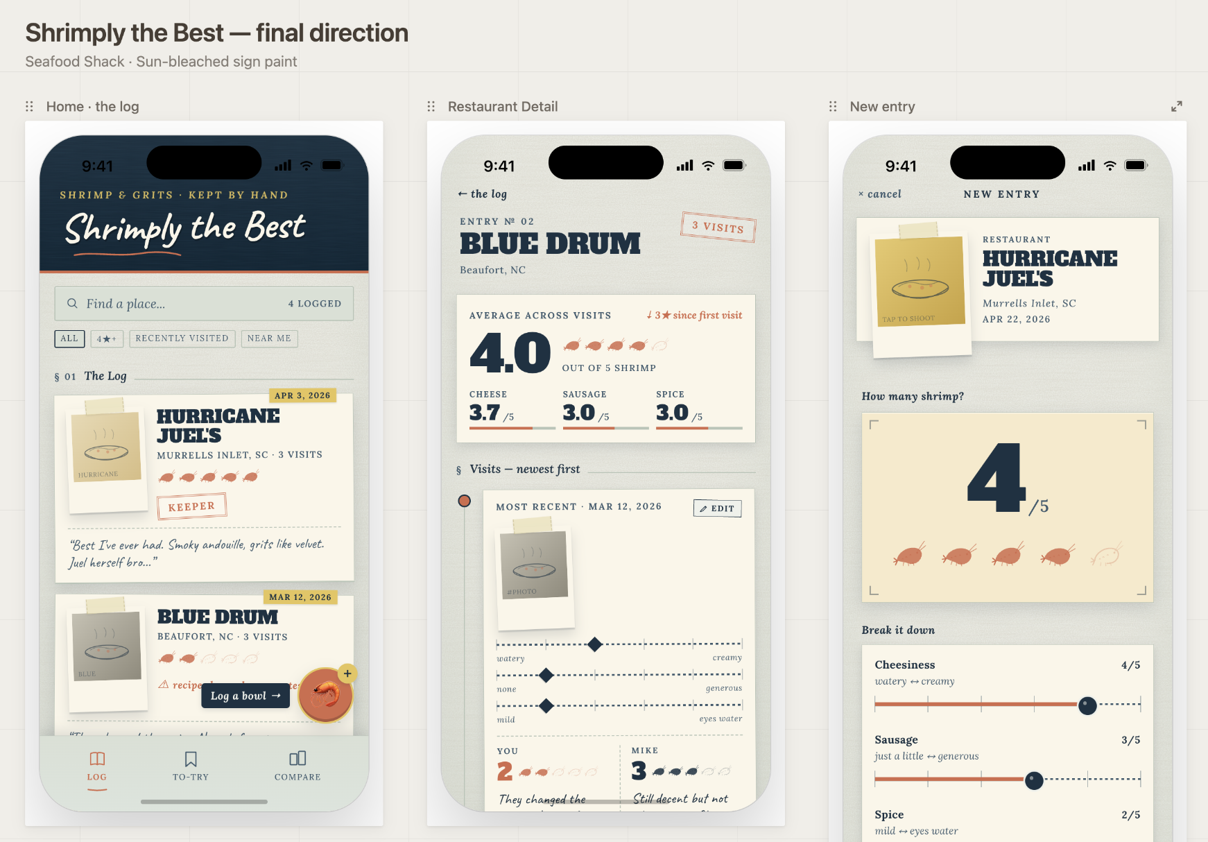 Shrimp & Grits app design screens