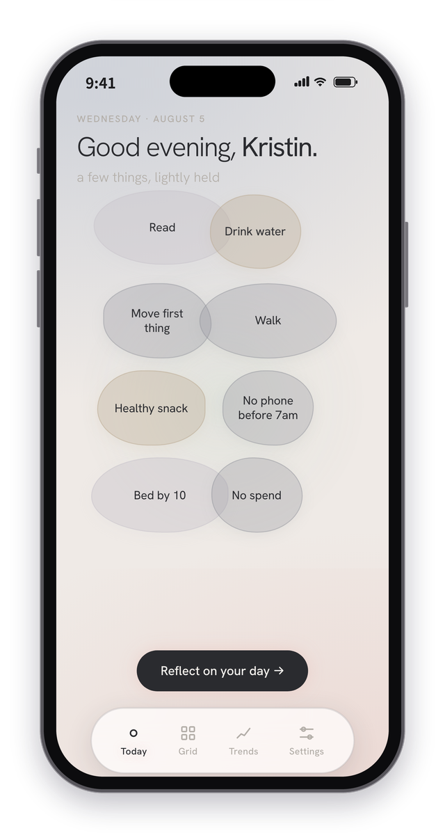 Well Today screen: a greeting and soft bubbles for each habit, like Read, Walk and Bed by 10